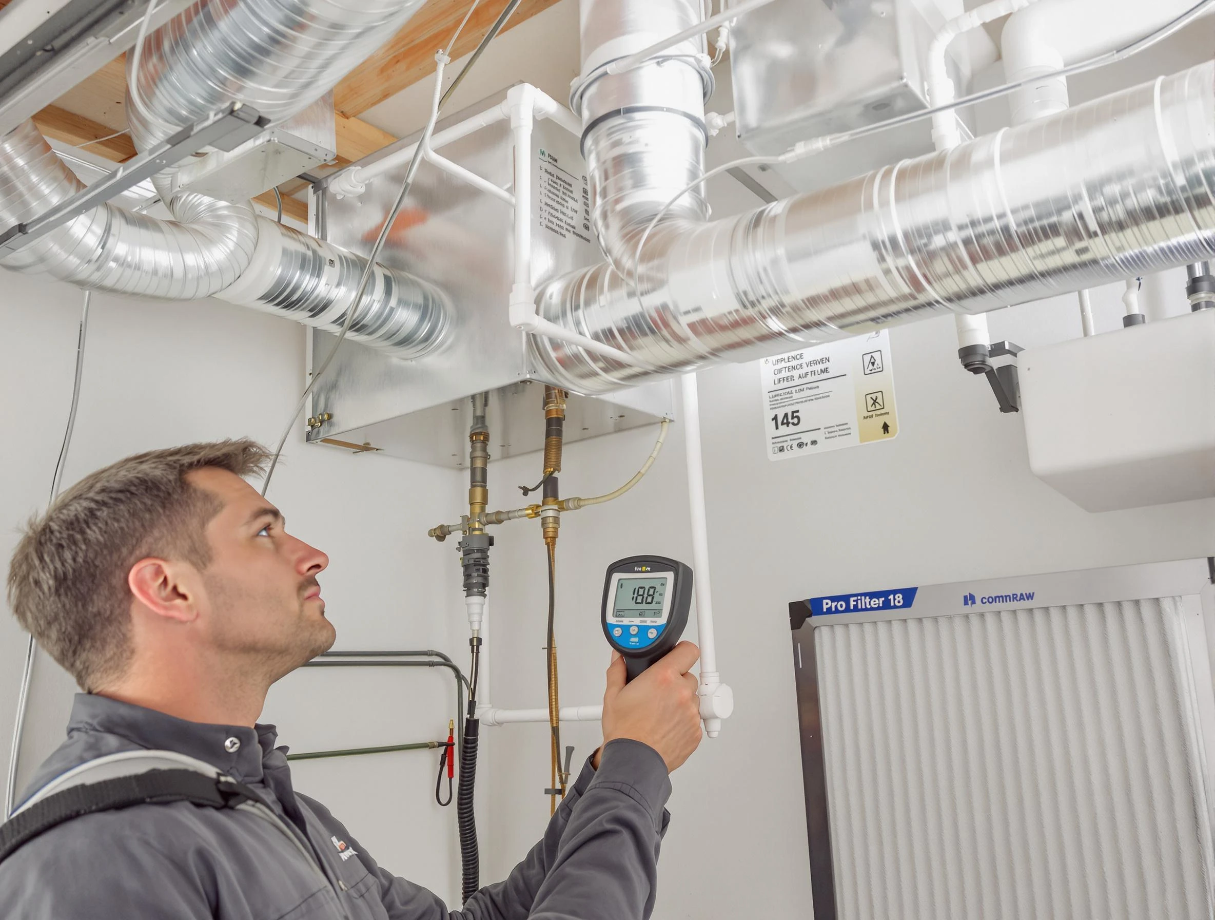 Anaheim Air Duct Cleaning expert conducting detailed filter system inspection using diagnostic tools in Anaheim